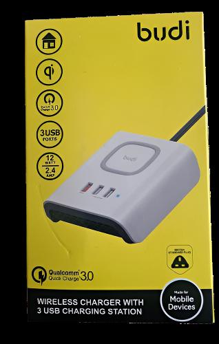 Budi Wireless Charger With 3 USB Ports Charging Station.